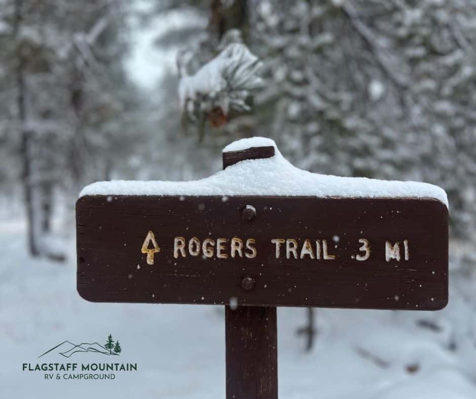 Rogers Trail snowy sign near Flagstaff Mountain RV park.