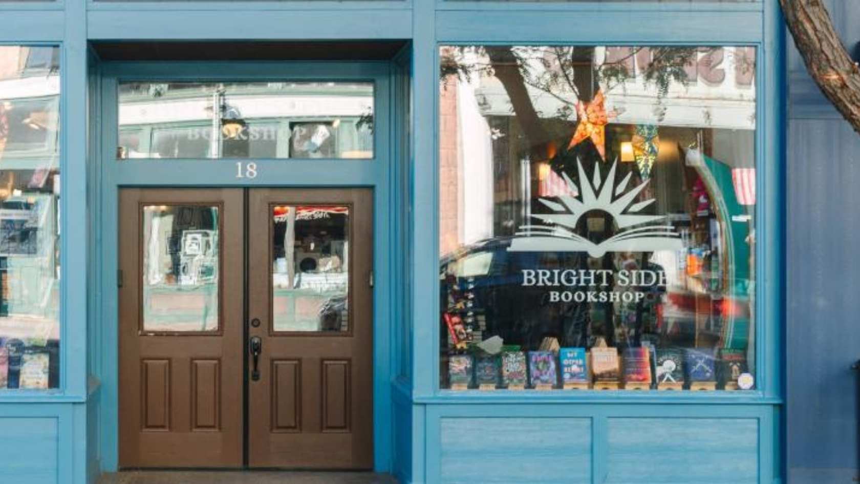The welcoming storefront of Bright Side Bookshop in downtown Flagstaff.